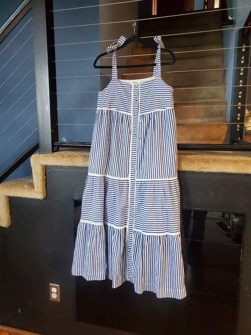 Soludos Navy and White Striped Tiered Tie-Shoulder Maxi Dress